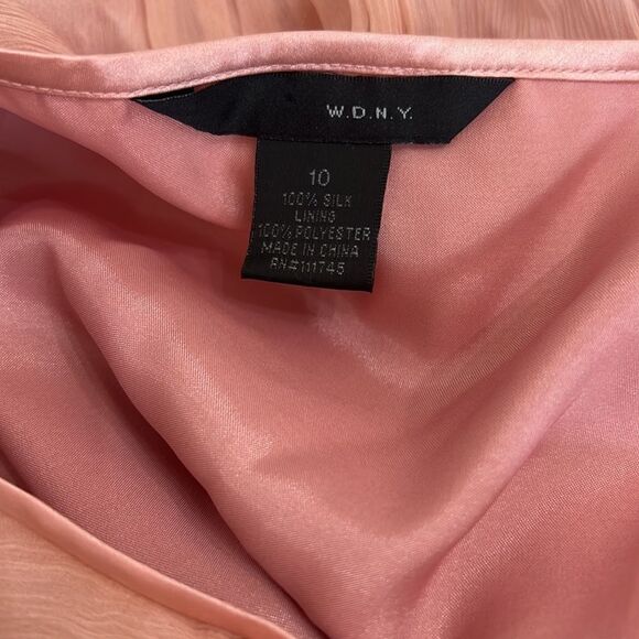 WDNY Dress 💯 Silk Size 10 Square Neck Sleeveless Sheer Pleated Lined Pink Peach - Picture 9 of 11